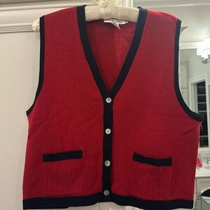 Red and Navy Wool Vest from Talbots. Size L.  V-Neck w/ Shell Buttons, Pockets